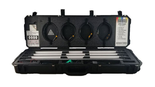 Open case showing four quasar science rainbow led lights with accessories.