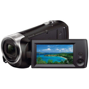 Image of Sony HDR-CX440 HD Handycam with monitor flipped out.