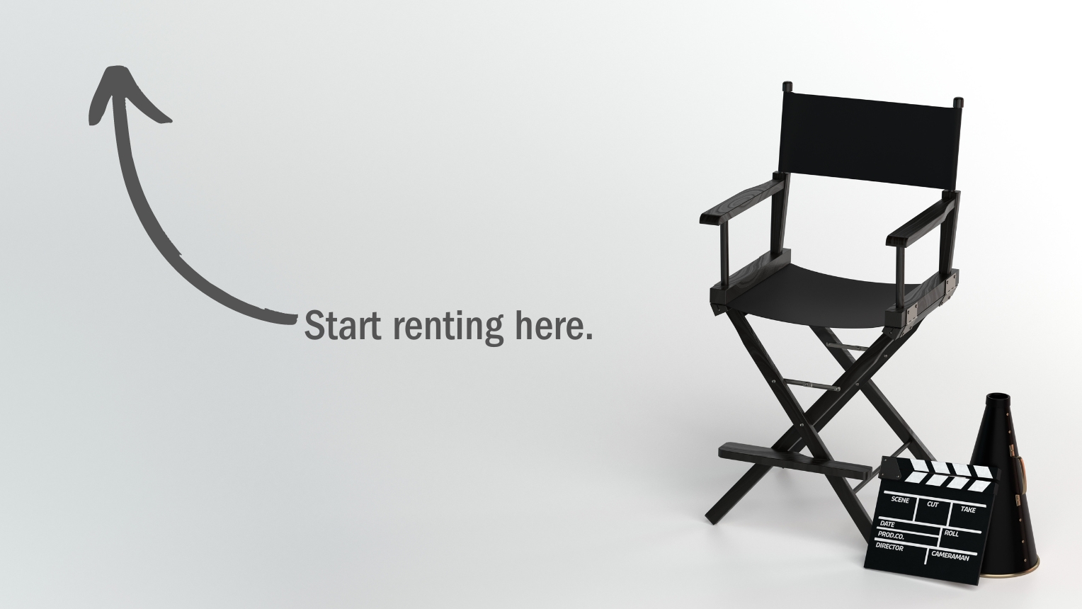 an arrow with text that says "start renting here" pointing at a search bar.